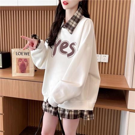 FA54443# 华棉复后包领韩版格子拼接印花卫衣春装上衣女大码  服裝批發女裝批發服飾貨源