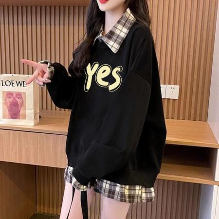 FA54443# 华棉复后包领韩版格子拼接印花卫衣春装上衣女大码  服裝批發女裝批發服飾貨源