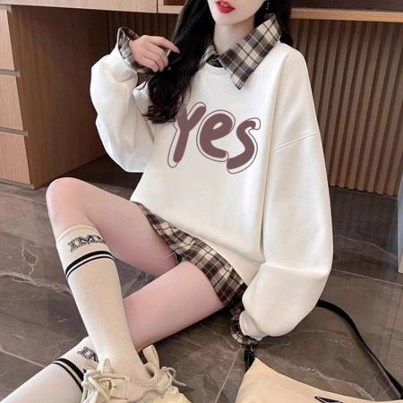 FA54443# 华棉复后包领韩版格子拼接印花卫衣春装上衣女大码  服裝批發女裝批發服飾貨源