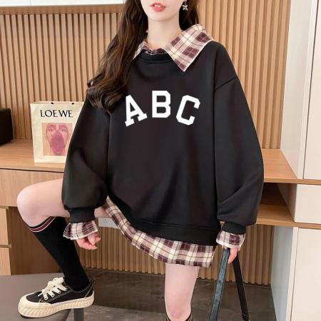 FA54444# 华棉复后包领韩版格子拼接印花卫衣春装上衣女大码  服裝批發女裝批發服飾貨源