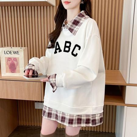 FA54444# 华棉复后包领韩版格子拼接印花卫衣春装上衣女大码  服裝批發女裝批發服飾貨源