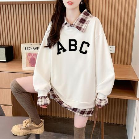 FA54444# 华棉复后包领韩版格子拼接印花卫衣春装上衣女大码  服裝批發女裝批發服飾貨源