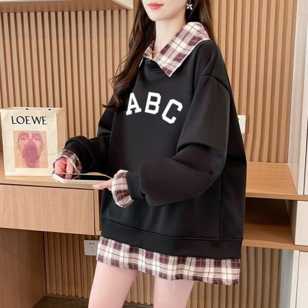 FA54444# 华棉复后包领韩版格子拼接印花卫衣春装上衣女大码  服裝批發女裝批發服飾貨源