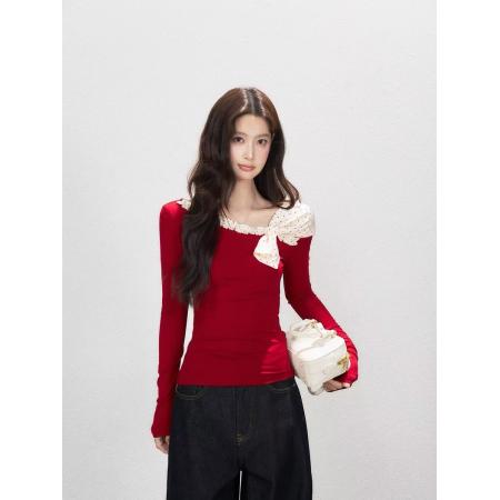 FA54447# 甜辣妹波点拼接红色打底衫女内搭设计感修身绝美长袖锁骨上衣秋冬  服裝批發女裝批發服飾貨源