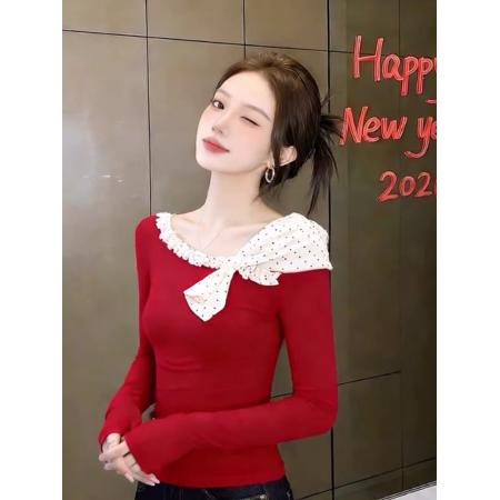 FA54447# 甜辣妹波点拼接红色打底衫女内搭设计感修身绝美长袖锁骨上衣秋冬  服裝批發女裝批發服飾貨源