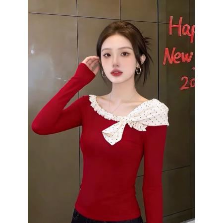 FA54447# 甜辣妹波点拼接红色打底衫女内搭设计感修身绝美长袖锁骨上衣秋冬  服裝批發女裝批發服飾貨源