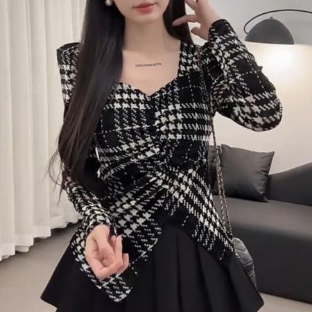 FA54448# 复古通勤风长袖千鸟格打底衫女秋季高级感修身百搭显瘦上衣  服裝批發女裝批發服飾貨源
