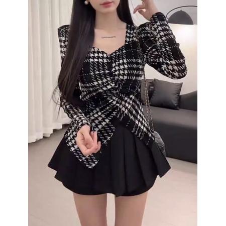 FA54448# 复古通勤风长袖千鸟格打底衫女秋季高级感修身百搭显瘦上衣  服裝批發女裝批發服飾貨源