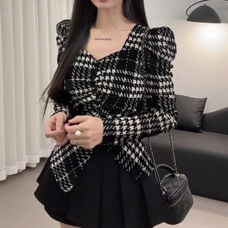 FA54448# 复古通勤风长袖千鸟格打底衫女秋季高级感修身百搭显瘦上衣  服裝批發女裝批發服飾貨源