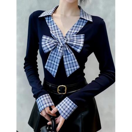 FA54449# 春秋格子蝴蝶结翻领修身显瘦打底衫女内搭设计感长袖上衣  服裝批發女裝批發服飾貨源