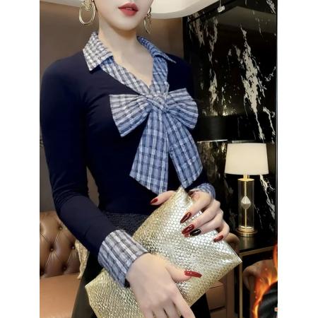 FA54449# 春秋格子蝴蝶结翻领修身显瘦打底衫女内搭设计感长袖上衣  服裝批發女裝批發服飾貨源