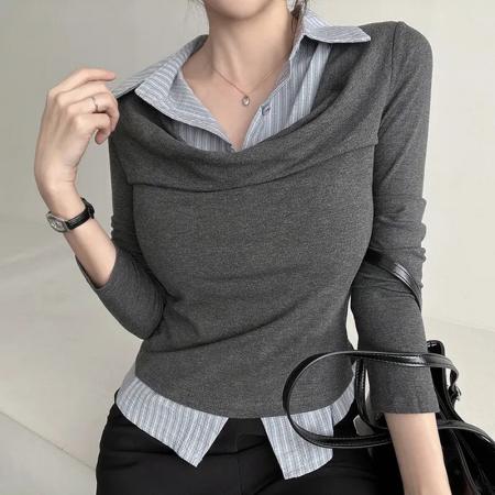 FA54450# 秋冬polo领条纹假两件拼接打底衫女内搭设计感修身长袖上衣  服裝批發女裝批發服飾貨源