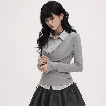 FA54450# 秋冬polo领条纹假两件拼接打底衫女内搭设计感修身长袖上衣  服裝批發女裝批發服飾貨源