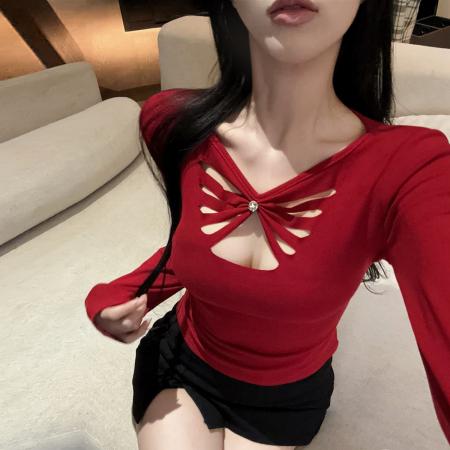 FA54452# 性感辣妹V领镂空长袖针织T恤衫褶皱收腰显瘦纯色打底上衣  服裝批發女裝批發服飾貨源