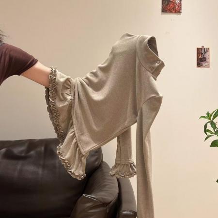 FA54453# 木耳边半高领加绒加厚长袖T恤女春季修身内搭叠穿打底衫上衣  服裝批發女裝批發服飾貨源