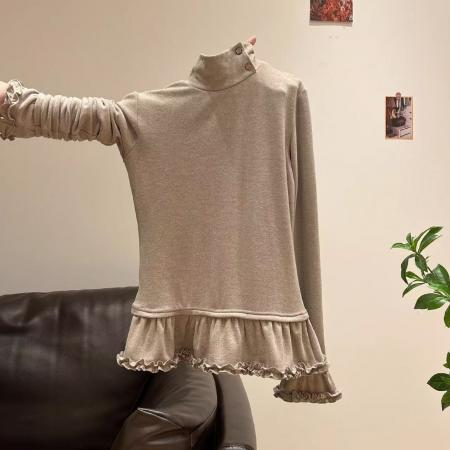 FA54453# 木耳边半高领加绒加厚长袖T恤女春季修身内搭叠穿打底衫上衣  服裝批發女裝批發服飾貨源