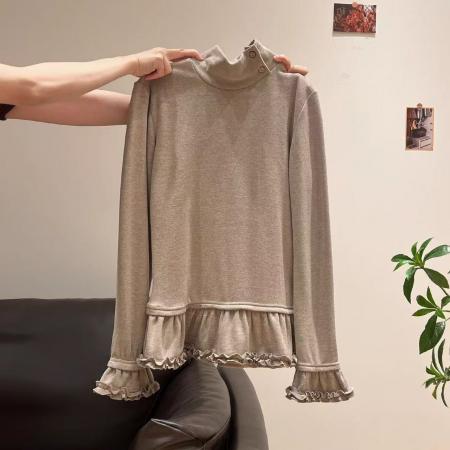 FA54453# 木耳边半高领加绒加厚长袖T恤女春季修身内搭叠穿打底衫上衣  服裝批發女裝批發服飾貨源