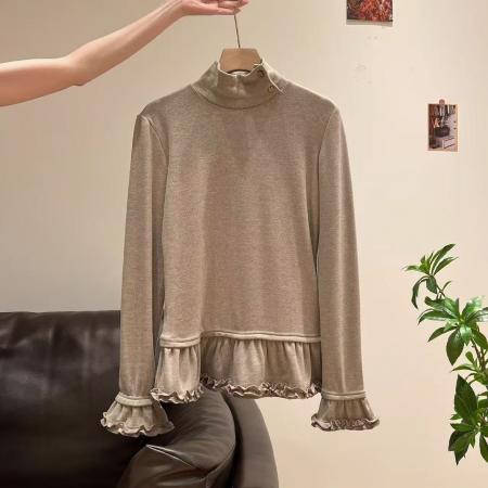 FA54453# 木耳边半高领加绒加厚长袖T恤女春季修身内搭叠穿打底衫上衣  服裝批發女裝批發服飾貨源