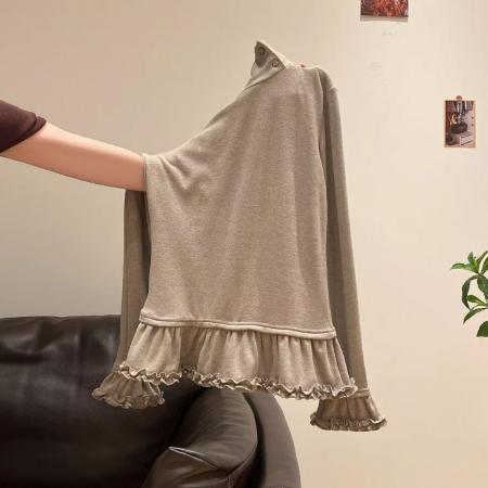 FA54453# 木耳边半高领加绒加厚长袖T恤女春季修身内搭叠穿打底衫上衣  服裝批發女裝批發服飾貨源