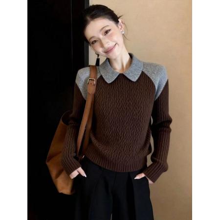 FA54454# 胖MM韩系早秋氛围感撞色翻领咖色针织衫女新款减龄气质上衣  服裝批發女裝批發服飾貨源