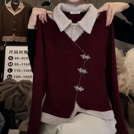 FA54455# 轻奢风假两件拼接红色T桖衫女春季新款长袖翻领显瘦新年上衣  服裝批發女裝批發服飾貨源