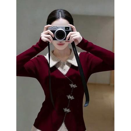 FA54455# 轻奢风假两件拼接红色T桖衫女春季新款长袖翻领显瘦新年上衣  服裝批發女裝批發服飾貨源