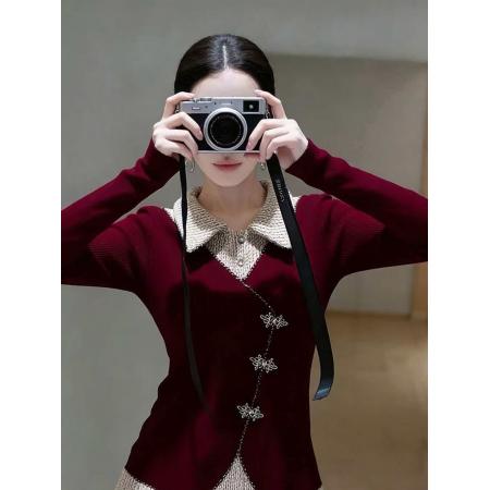 FA54455# 轻奢风假两件拼接红色T桖衫女春季新款长袖翻领显瘦新年上衣  服裝批發女裝批發服飾貨源