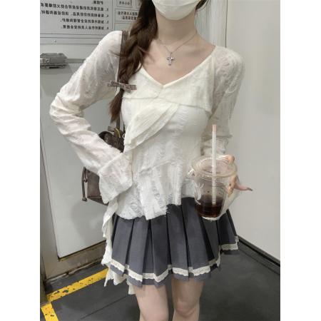 FA54457# 荷叶边破洞T恤女秋季美式复古小众设计感独特长袖上衣  服裝批發女裝批發服飾貨源