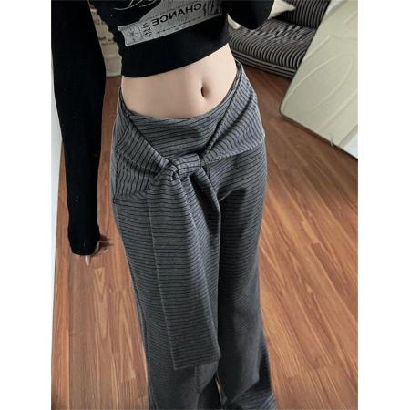 FA54458# 原版色织条黑灰色绑带女秋冬季慵懒风直筒裤  服裝批發女裝批發服飾貨源