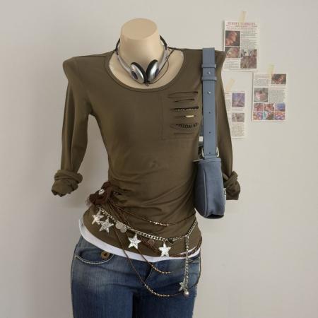 FA54459# 秋季爆款军旅风薄款军绿色个性破洞英文长袖休闲T恤上衣  服裝批發女裝批發服飾貨源