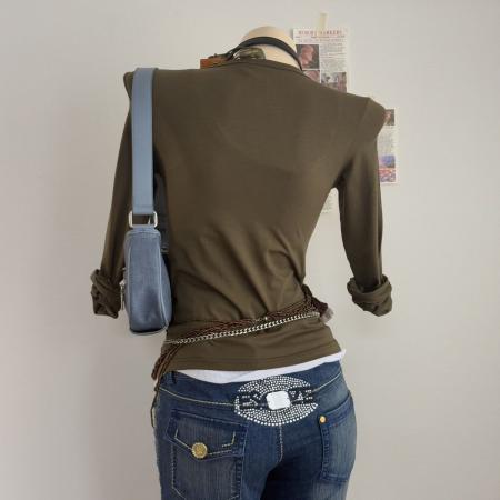 FA54459# 秋季爆款军旅风薄款军绿色个性破洞英文长袖休闲T恤上衣  服裝批發女裝批發服飾貨源