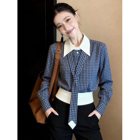 FA54460# 春季新款可拆卸领带设计撞色翻领拼接气质格纹收腰长袖衬衫女  服裝批發女裝批發服飾貨源