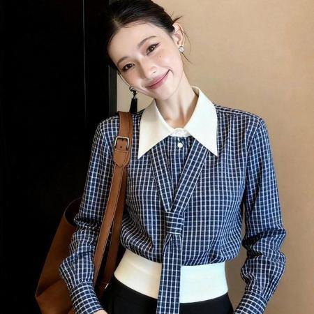 FA54460# 春季新款可拆卸领带设计撞色翻领拼接气质格纹收腰长袖衬衫女  服裝批發女裝批發服飾貨源