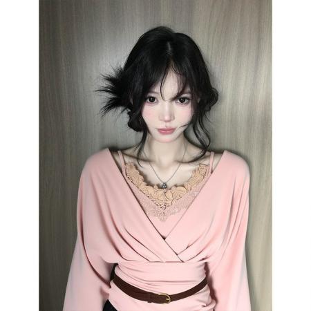 FA54461# 粉色假两件花边吊带v领打底衫女秋冬褶皱收腰显瘦纯欲温柔风上衣  服裝批發女裝批發服飾貨源
