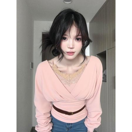 FA54461# 粉色假两件花边吊带v领打底衫女秋冬褶皱收腰显瘦纯欲温柔风上衣  服裝批發女裝批發服飾貨源