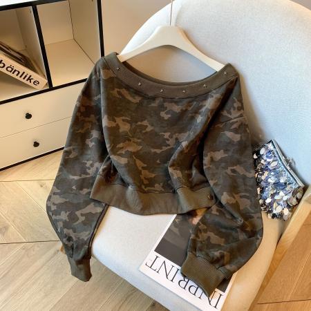FA54462# 美式复古水洗短款卫衣百搭字母斜肩卫衣迷彩上衣  服裝批發女裝批發服飾貨源
