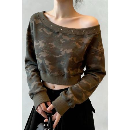 FA54462# 美式复古水洗短款卫衣百搭字母斜肩卫衣迷彩上衣  服裝批發女裝批發服飾貨源