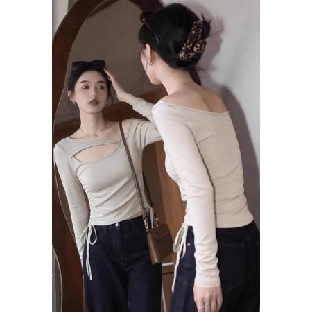 FA54465# 秋冬辣妹紧身短款抽绳掐腰镂空挂脖上衣带胸垫打底衫女内搭  服裝批發女裝批發服飾貨源