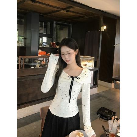 FA54470# 杏色长袖新款蝴蝶结波点修身显瘦德绒保暖打底衫短款上衣  服裝批發女裝批發服飾貨源