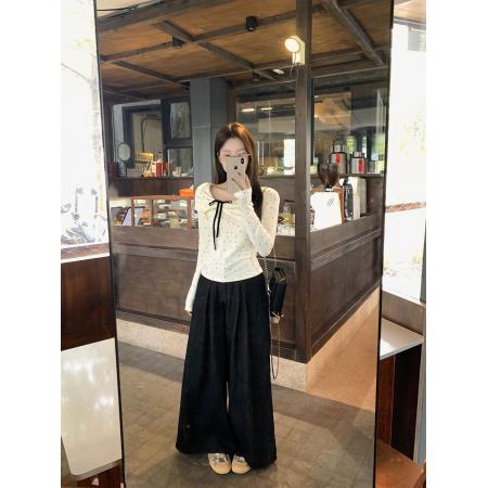 FA54470# 杏色长袖新款蝴蝶结波点修身显瘦德绒保暖打底衫短款上衣  服裝批發女裝批發服飾貨源