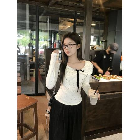 FA54470# 杏色长袖新款蝴蝶结波点修身显瘦德绒保暖打底衫短款上衣  服裝批發女裝批發服飾貨源