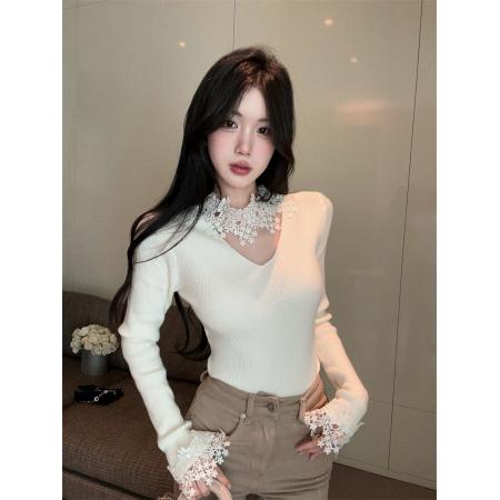 FA54471# 温柔风V领长袖针织衫春秋蕾丝拼接打底衫上衣女  服裝批發女裝批發服飾貨源