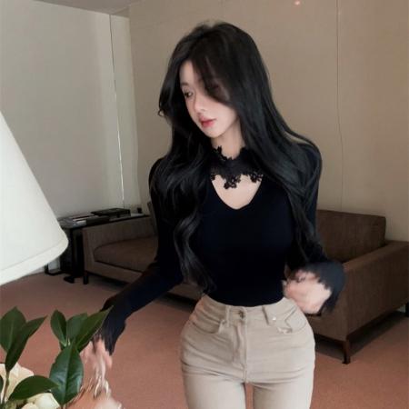 FA54471# 温柔风V领长袖针织衫春秋蕾丝拼接打底衫上衣女  服裝批發女裝批發服飾貨源