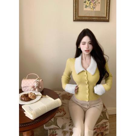 FA54472# 韩版毛绒绒V领长袖针织衫春秋季百搭单排扣毛衣女  服裝批發女裝批發服飾貨源