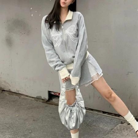 FA54473# 美式灰色开衫卫衣女春秋新款蝴蝶结刺绣立领外套宽松设计感上衣潮  服裝批發女裝批發服飾貨源