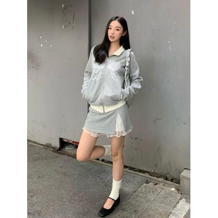 FA54473# 美式灰色开衫卫衣女春秋新款蝴蝶结刺绣立领外套宽松设计感上衣潮  服裝批發女裝批發服飾貨源