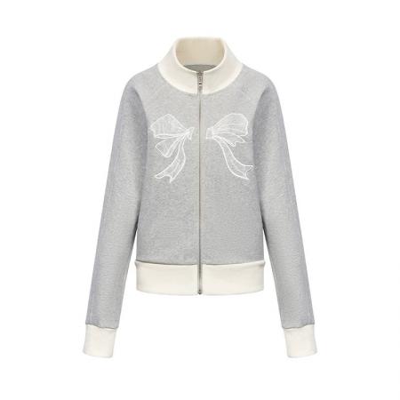 FA54473# 美式灰色开衫卫衣女春秋新款蝴蝶结刺绣立领外套宽松设计感上衣潮  服裝批發女裝批發服飾貨源