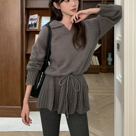 FA54474# 港风时尚新款显瘦拼接polo领花朵长袖毛衣女春季学院风气质上衣潮  服裝批發女裝批發服飾貨源