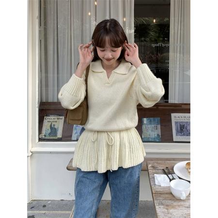 FA54474# 港风时尚新款显瘦拼接polo领花朵长袖毛衣女春季学院风气质上衣潮  服裝批發女裝批發服飾貨源