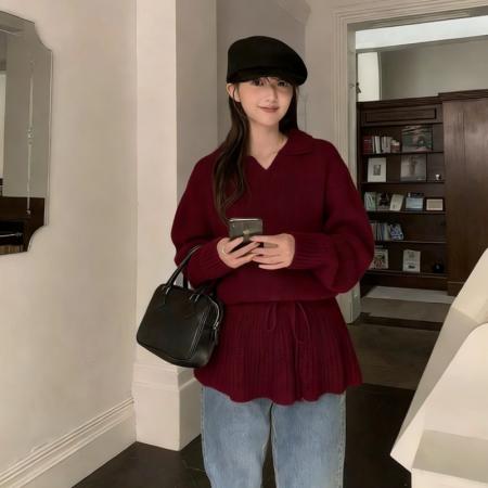 FA54474# 港风时尚新款显瘦拼接polo领花朵长袖毛衣女春季学院风气质上衣潮  服裝批發女裝批發服飾貨源